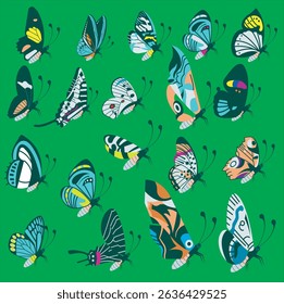Butterfly vector illustration set. Hand drawn beautiful tropical moths isolated on white. Flying cute insects with colorful decorative wings. Flat cartoon style. Spring or summer nature elements