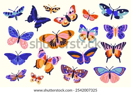 Butterfly vector illustration set. Hand drawn beautiful tropical moths isolated on white. Flying cute insects with colorful decorative wings. Flat cartoon style. Spring or summer nature elements
