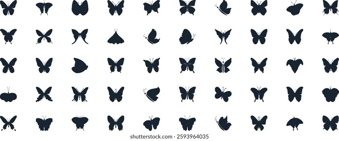 Butterfly vector illustration set, line art style, Butterflies in various poses. Perfect for spring, summer designs, invitations.