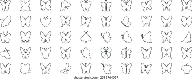 Butterfly vector illustration set, line art style, Butterflies in various poses. Perfect for spring, summer designs, invitations.