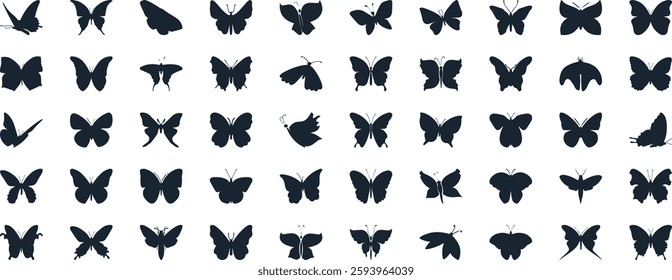 Butterfly vector illustration set, line art style, Butterflies in various poses. Perfect for spring, summer designs, invitations.