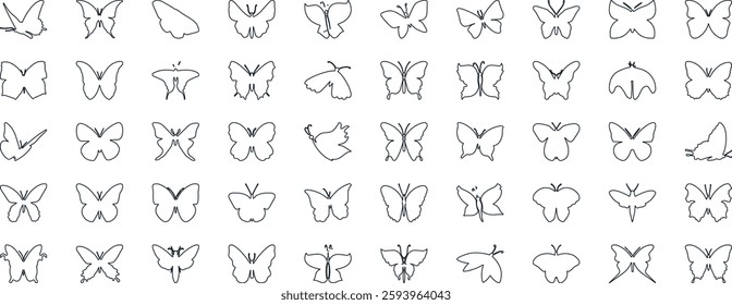 Butterfly vector illustration set, line art style, Butterflies in various poses. Perfect for spring, summer designs, invitations.