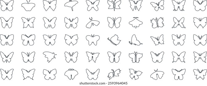 Butterfly vector illustration set, line art style, Butterflies in various poses. Perfect for spring, summer designs, invitations.