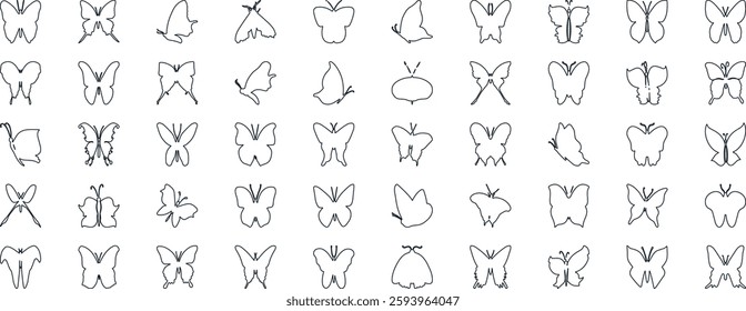 Butterfly vector illustration set, line art style, Butterflies in various poses. Perfect for spring, summer designs, invitations.