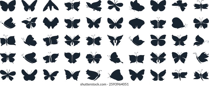 Butterfly vector illustration set, line art style, Butterflies in various poses. Perfect for spring, summer designs, invitations.