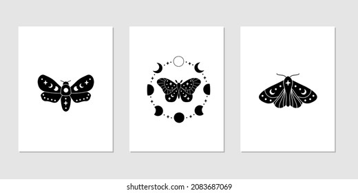 Сelestial butterfly vector illustration set. Mystical luna moth with moon phases. Magic insect on white background. Design for boho poster, card, t shirt print, sticker, stamp.