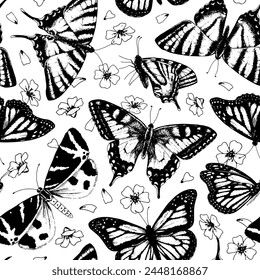 Butterfly Vector Pattern. Vintage seamless background. Black line art drawing of insect wings. Outline illustration of small white flowers. Hand drawn monarch and moths. Print for gift wrap and fabric