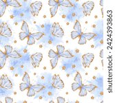 Butterfly Vector Pattern. Watercolor seamless Blue and gold background. Hand drawn on isolated background. Drawing of cute Baby boy print. For wallpaper and backdrop design. Sky with stars and clouds