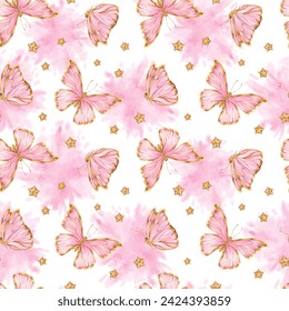 Butterfly Vector pattern. Watercolor seamless Pink and gold background. Hand drawn on isolated background. Drawing of cute Baby girl print. For nursery wallpaper and pajamas. For fabric and gift wrap