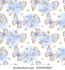 Butterfly Vector Pattern. Watercolor seamless Blue and gold background. Hand drawn on isolated background. Drawing of cute Baby boy print. For wallpaper and backdrop design. Sky with stars and clouds