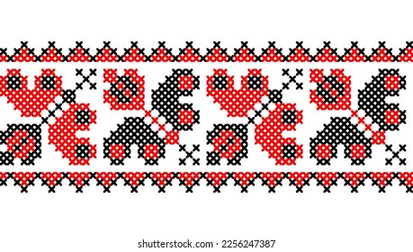 Schmetterling, Vektornahtlose Grenze. Ukrainische traditionelle Stickerei der Schmetterlingsgrenze in Rot und Schwarz. Pixelkunst, vyshyvanka, Kreuzstich.