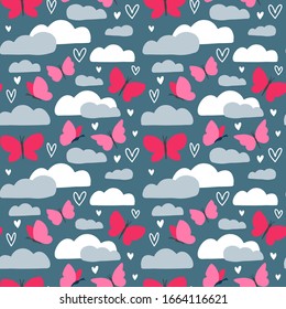 Butterfly vector seamless pattern with heart filling. Cute pink insects flying in the sky vector repeat design inspired by nature and spring cloudy weather to print on a baby or toddler girl clothes.