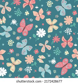 butterfly vector seamless repeat pattern design background. Random colorful butterfly silhouette, cute girly pastel pattern