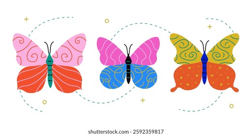 Butterfly vector set. Colorful butterfly with multi-colored pattern. Abstract pattern with geometric elements. Elegant flying insect. Vector illustration	