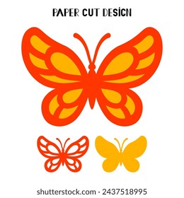 Silueta de vector de mariposa. Insecto en capas. Plantilla para corte láser y papel, impresión en una camiseta, taza. Estilo plano.Diseño 2D. Elemento decorativo dibujado a mano para su diseño.