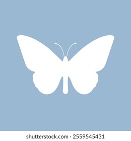 Butterfly vector silhouette minimal icon isolated over blue background. Simple flat illustration of butterfly white shape, beautiful fauna pictogram. 