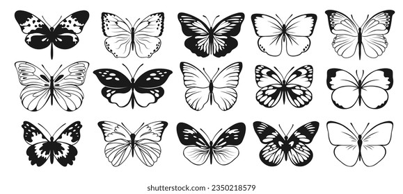 Silhouettes de vectores de mariposa. Colección de insectos decorativos. Ilustración de animales alados aislados en fondo blanco.