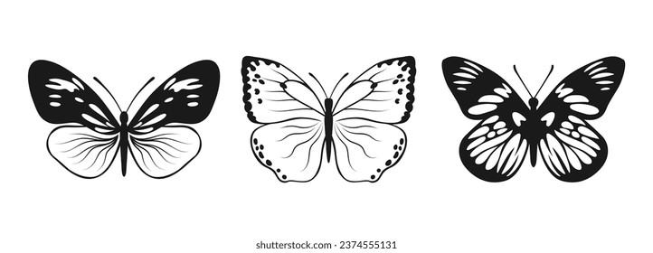 Butterfly Vector Silhouettes Set. Decorative Insect Collection. Winged Animals Illustration Isolated on White Background.