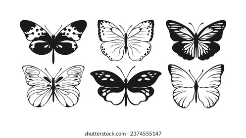 Butterfly Vector Silhouettes Set. Decorative Insect Collection. Winged Animals Illustration Isolated on White Background.