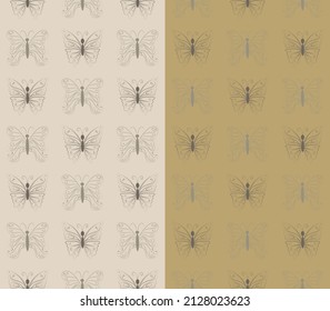 Butterfly vertical column seamless pattern. Outline elegant contour image, gold beige color palette. Easy editable background. Vector illustration