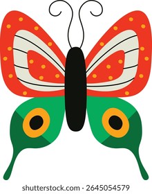 A butterfly with vibrant patterned wings and a bold design. The insect features intricate details and striking shapes. Cartoon vector illustration.
