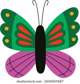 Uma borboleta com asas vibrantes padronizadas e um corpo arrojado em um estilo plano. O inseto exibe uma simetria impressionante e detalhes vívidos. Ilustração de vetor de desenhos animados.