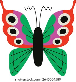 Uma borboleta com asas vibrantes padronizadas e um corpo arrojado em um estilo plano. As antenas do inseto se curvam acima de suas coloridas asas simétricas. Ilustração de vetor de desenhos animados.