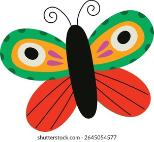 Uma borboleta com asas vibrantes padronizadas e antenas encaracoladas em um estilo arrojado e gráfico. O inseto exibe desenhos de asas intrincados e uma forma de corpo impressionante. Ilustração de vetor de desenhos animados.