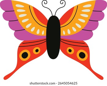 A butterfly with vibrant wings and decorative patterns in a bold style. The insect displays intricate designs and striking shapes on its wings. Cartoon vector illustration.