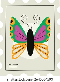 Uma borboleta com asas vibrantes e antenas espirais é centrada em um selo postal com bordas recortadas. Os padrões e formas coloridas do inseto criam um visual impressionante. Ilustração de vetor de desenhos animados.