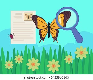 Butterfly view through magnifying glass vector illustration. Research report. Exploring world of insects concept