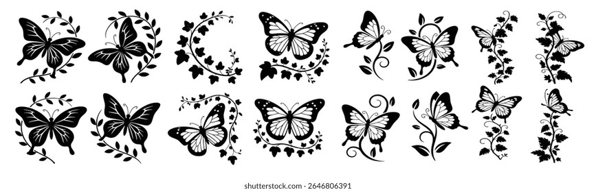 Butterfly Vines Silhouette Vector Set, Elegant black silhouette bundle of 16 designs featuring butterflies with botanical plant vines, perfect for wall art, cards, crafts, and decor projects.