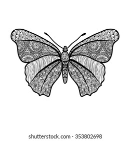 Butterfly. Vintage decorative elements with mandala ornament. Oriental patterned wings, vector illustration.