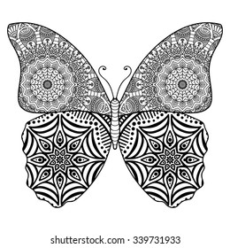 Butterfly. Vintage decorative elements with mandalas. Oriental pattern, vector illustration.  Islam, Arabic, Indian, turkish, pakistan, chinese, ottoman motifs