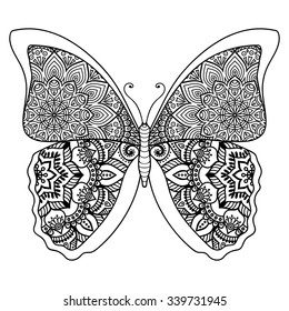 Butterfly. Vintage decorative elements with mandalas. Oriental pattern, vector illustration.  Islam, Arabic, Indian, turkish, pakistan, chinese, ottoman motifs