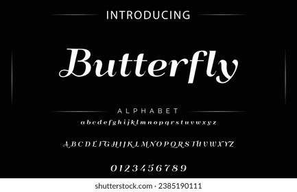 Butterfly Vintage decorative font. Lettering design in retro style with label. Perfect for alcohol labels, logos, shops and many other.