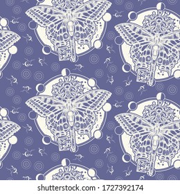 Butterfly and vintage key. Seamless pattern. Packing old paper, scrapbooking style. Vintage background. Medieval manuscript, engraving art. Mystical symbol of freedom, spiritual search, flight, travel