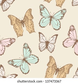 Butterfly Vintage Seamless Pattern With Blot. Spring Background For Your Design And Scrapbooking .