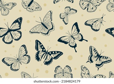 Butterfly Vintage nahtloses Muster. Wiederholtes Design-Element zum Bedrucken von Verpackungspapier. Natur, Tierwelt, Fauna und Insekten. Poster oder Banner für die Website. Cartoon-Flavektor-Vektorgrafik