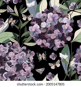 Butterfly and violet flower of hydrangea on black background. Seamless vector pattern for fabric, wallpaper, wrapping paper, scrapbooking, invitation card.