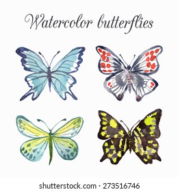 Butterfly, watercolor illustration. Vector set isolated of butterflies on white background.