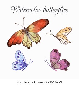 Butterfly, watercolor illustration. Vector set isolated of butterflies on white background.