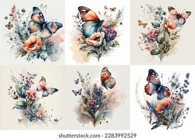 Butterfly Watercolor set, Floral Illustration, Floral Flower, Floral Bundle