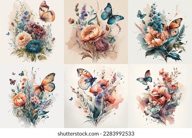 Conjunto de acuarela de mariposa, Ilustración floral, Flor floral, Paquete floral