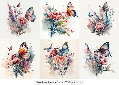 Conjunto de acuarela de mariposa, Ilustración floral, Flor floral, Paquete floral