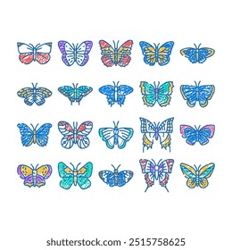 butterfly white nature doodle icons set vector. sketch line art spring animal, insect fly, blue wing, graphic summer, pink yellow, wedding style butterfly white nature color illustrations