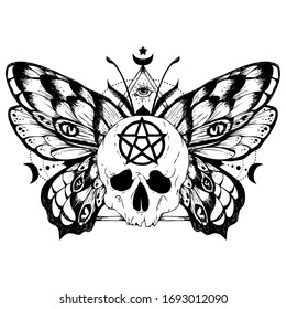 Butterfly wiccan skull with pentagram