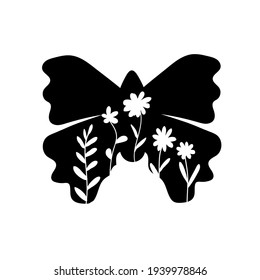 Butterfly with wild flowers bruttercup. Black and white silhouette bohemian vector illustration for shirt design. Boho clipart. svg