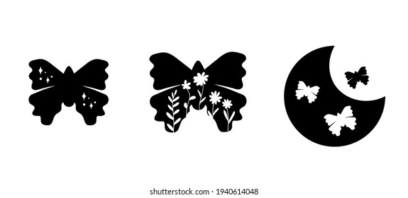Butterfly with wild flowers bruttercup. Floral moon. Celestial boho wildflowers. Magic wild flowers. Silhouette bohemian vector illustration for shirt design. Boho clipart. svg