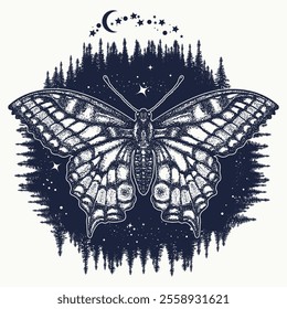 Butterfly and wild forest tattoo. Sacred geometry art. Esoteric symbol of adventure, outdoors and travel. T-shirt design concept